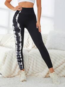 SHEIN Yoga Trendy Tie Dye Tummy Control Sports Leggings - Black and White - View 2