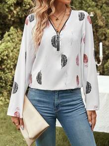 SHEIN LUNE Feather Print Roll Tab Sleeve Half Zip Blouse - Multicolor - View 3