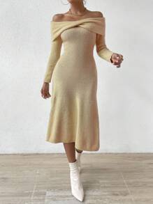 Chiquease Vestido de punto doblado de hombros descubiertos tejido de canalé - Camel - Ver 6