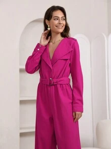 SHEIN Privé Lapel Collar Belted Flare Leg Shirt Jumpsuit - Red - View 3