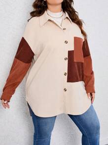 SHEIN LUNE 大碼撞色補丁貼口袋高低下擺前紐扣外套 - 彩色 - 查看 1