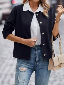 SHEIN LUNE Solid Button Front Jacket - Navy Blue - View 5