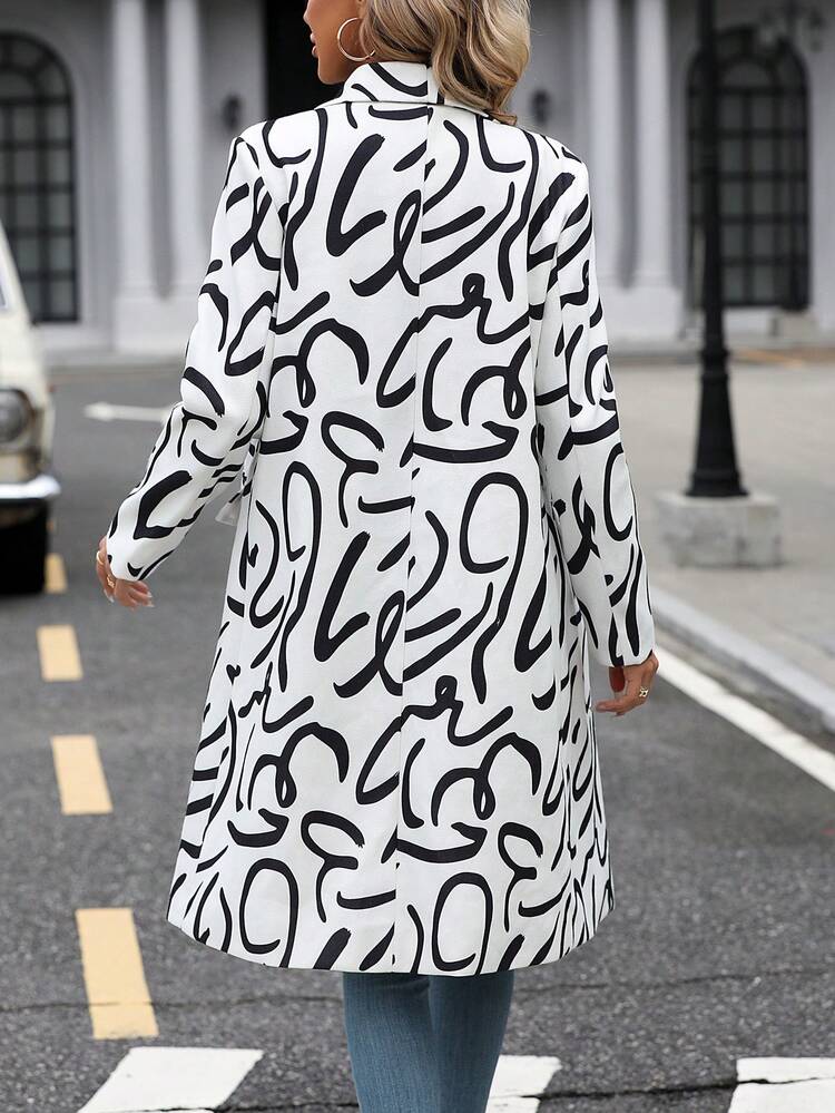 Allover Print Waterfall Collar Flap Detail Double Button Overcoat