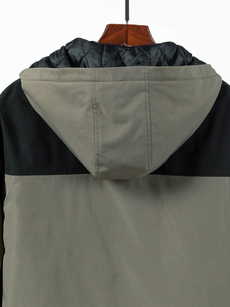 Men's Loose Fit Outdoor Windbreaker Padded Coat With Hood, Letter Print And Colorblock Design