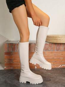 秋冬時尚過膝高筒靴，具有厚實保暖襯裡和厚底，黑色，圓頭，柔軟舒適皮革，女性款式 - 米色 - 查看 2