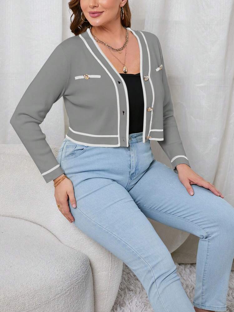 SHEIN Essnce Talla grande Cárdigan ribete en contraste con botón delantero - Gris - Añade 5
