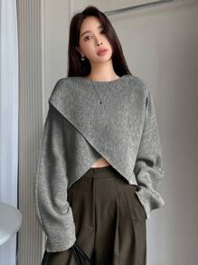 Dazy Star Chất rắn tay cánh Crossover Áo len - Xám - Xem 3