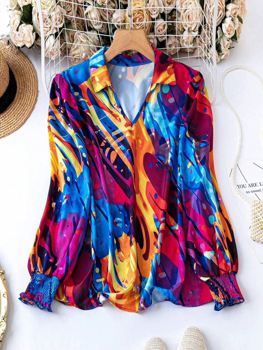 SHEIN LUNE Plus Allover Print Lantern Sleeve Blouse - Multicolor - View 1