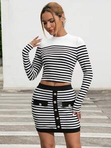 SHEIN Privé Striped Print Crop Tee & Bodycon Skirt - White - View 5