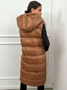 EURMUSE Dual Pocket Drawstring Hooded Puffer Vest Coat - Coffee Brown - View 2