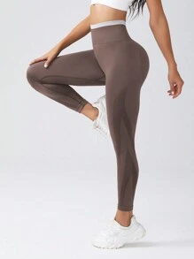 Easithlete Contrast Trim Wideband Waist Sports Leggings - Coffee Brown - View 3