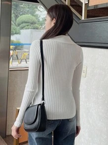 DAZY Solid Zip Up Ribbed Knit Cardigan Jacket - White - View 2