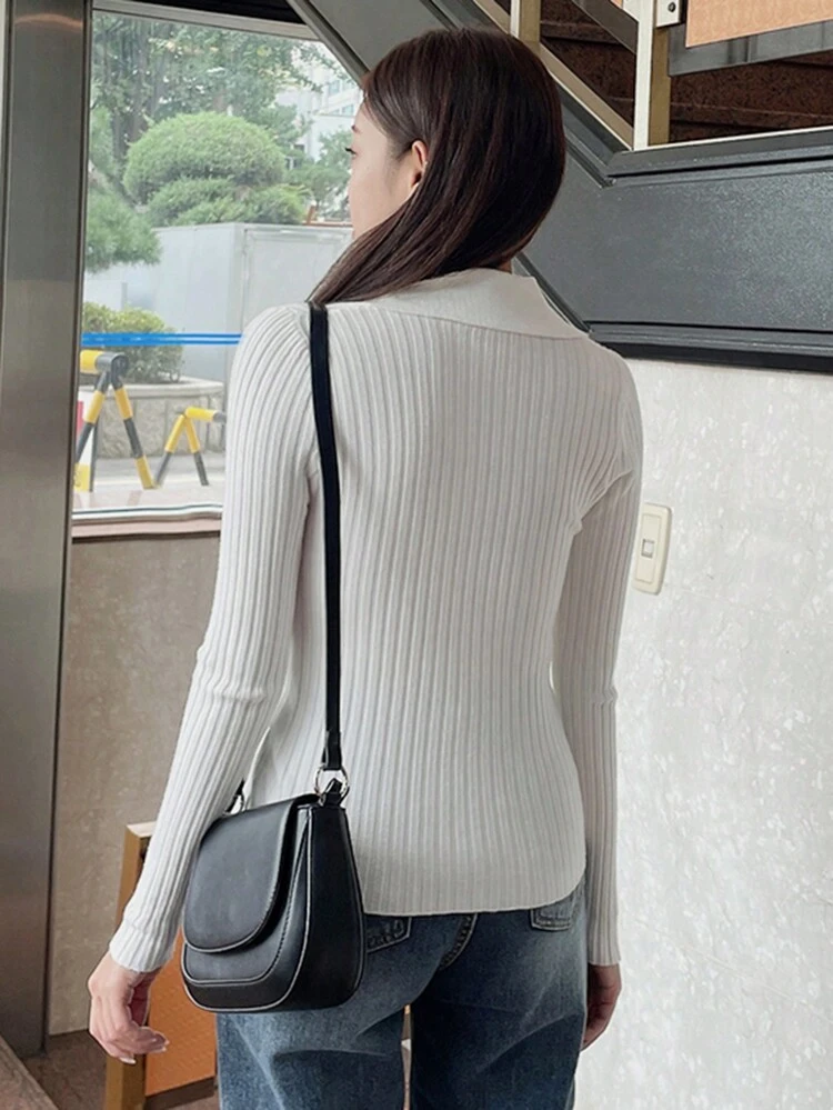 Solid Zip Up Ribbed Knit Cardigan Jacket