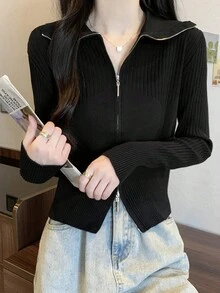 French Design Dual Zipper Stylish And Slimming Knit Sweater