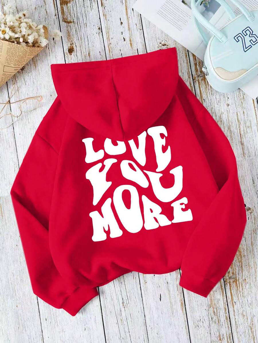 INAWLY 口号图案袋鼠口袋保暖内衬抽绳连帽衫 LOVE YOU MORE，长袖上衣 - 紅色 - 查看 1