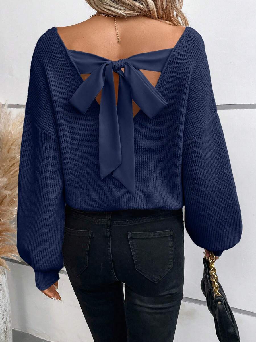 SHEIN Frenchy Tie Back Drop Shoulder Back Band Sweater,New Years Women Outfit In Fall/Winter - Navy Blue - View 1