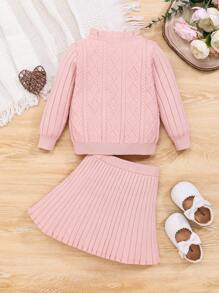 SHEIN 嬰兒女孩休閒寬鬆毛衣和裙子,圓領長袖上衣套裝 - 粉色 - 查看 2