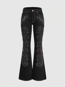 ROMWE Fairycore Vaqueros De Pierna Acampanada Con Estampado Floral De Diamantes De Imitación - Negro - Ver 1