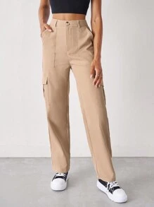 SHEIN Unity High Waist Flap Pocket Side Cargo Trousers - Khaki - View 1