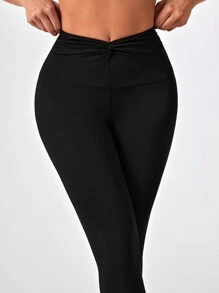 Yoga Sxy 素色扭結腰運動打底褲 - 黑色 - 查看 3