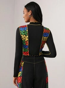 Candy Lien Letter Graphic Mock Neck Lettuce Trim Crop Tee - Multicolor - View 2