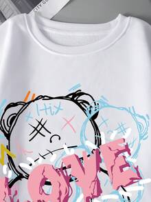 SHEIN EZwear 大碼卡通和字母圖案加絨內裏運動衫 - 白色 - 查看 4