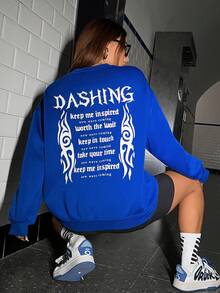 SHEIN Coolane Slogan Graphic Drop Shoulder Sweatshirt - Blue - View 2