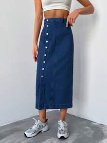 Cottnline Falda en mezclilla con botón delantero - Azul lavado oscuro - Ver 3