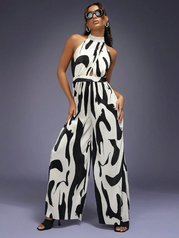 Abstract Halter Wide Leg Jumpsuit
