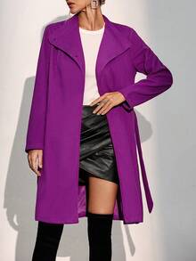 SHEIN Privé Funnel Neck Button Detail Belted Overcoat - Purple - View 5