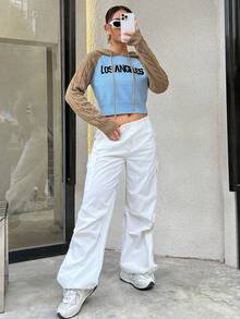 SHEIN Unity Áo len trùm đầu họa tiết chữ Colorblock thường ngày dành cho nữ, thu/đông - Màu xanh lam - Xem 6