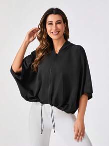 SHEIN Daily&Casual Batwing Sleeve Drawstring Hem Zip Up Sports Hooded Jacket - Black - View 1
