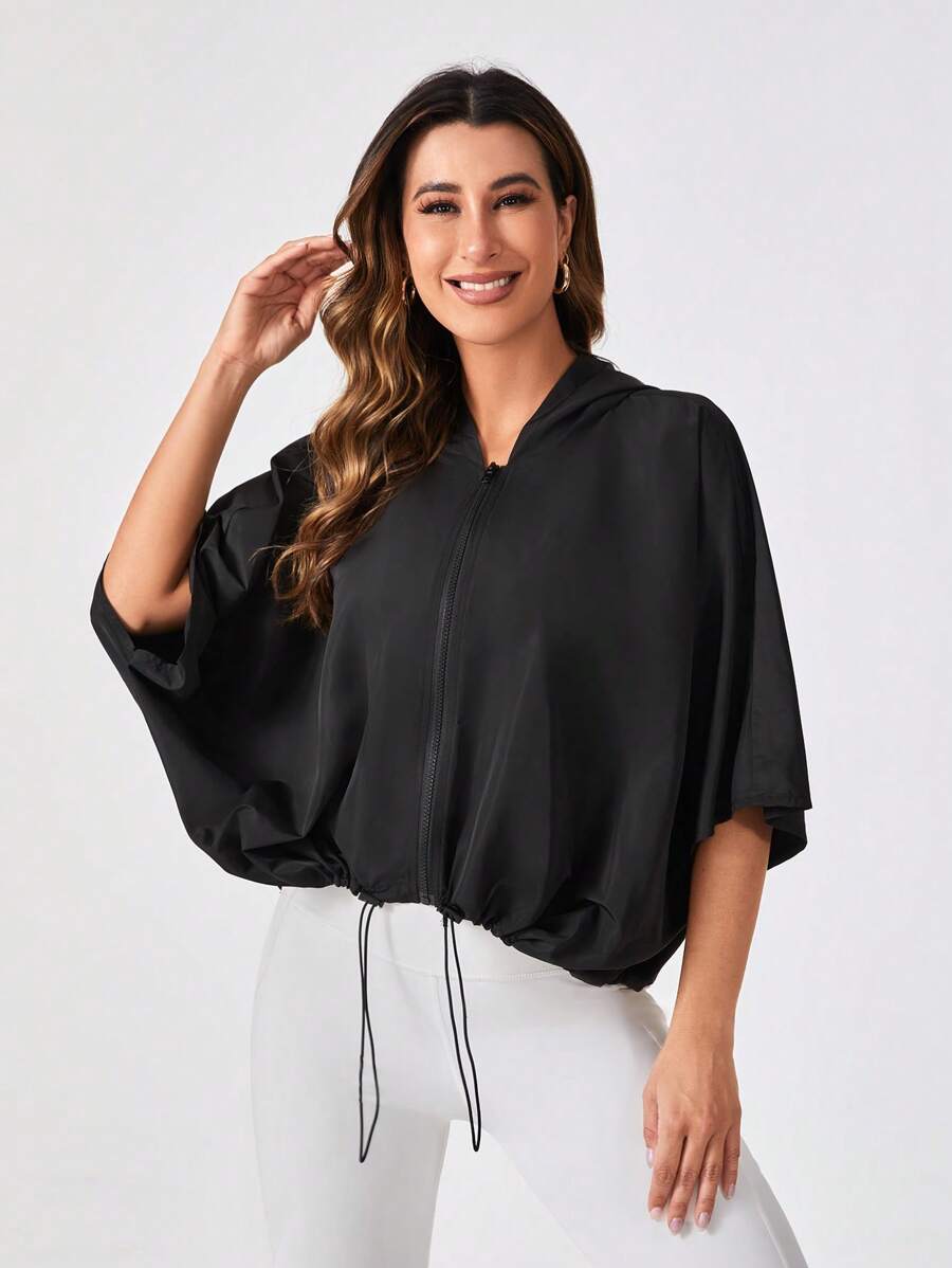 SHEIN Daily&Casual Batwing Sleeve Drawstring Hem Zip Up Sports Hooded Jacket - Black - View 1