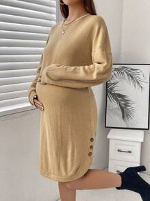 SHEIN 孕婦紐扣細節落肩袖弧形下擺T恤洋裝 - 棕色 - 查看 4