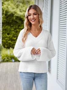 SHEIN Frenchy V領落肩袖套頭毛衣 - 白色 - 查看 7