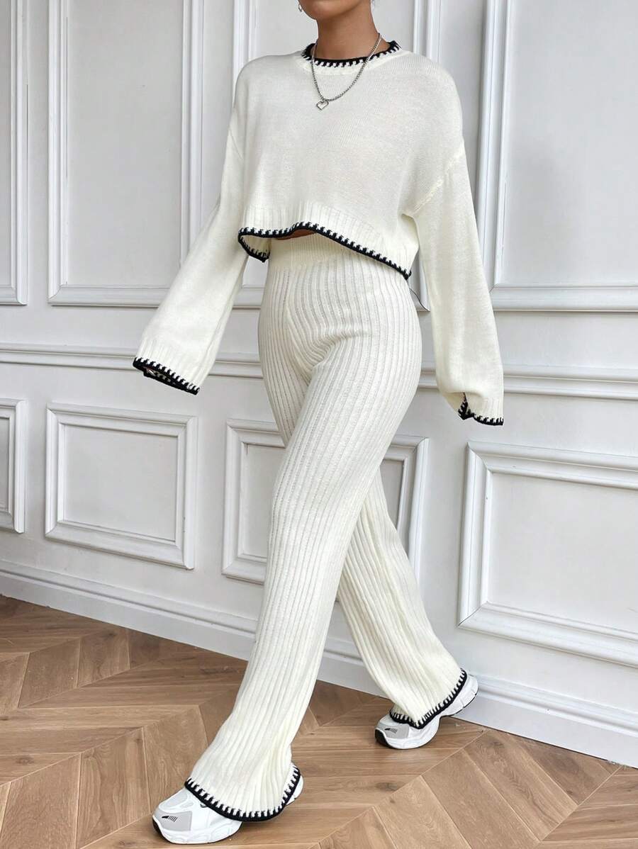 SHEIN Unity Contrast Trim Drop Shoulder Sweater & Knit Pants - Multicolor - View 1