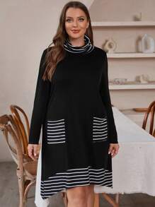 SHEIN LUNE 加大碼條紋抽繩領連衣裙 - 黑色 - 查看 4