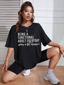 SHEIN EZwear 標語圖案落肩T恤 - 黑色 - 查看 5