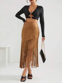 Bohemela Fringe Hem Suedette Skirt - Rust Brown - View 5