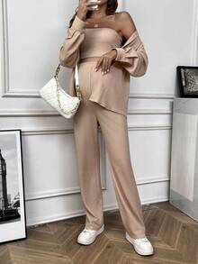 SHEIN Maternity Solid Tube Top & Button Front Shirt & Pants - Apricot - View 2