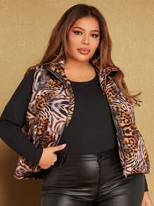 SHEIN SXY Plus Leopard Print Zipper Vest Coat