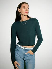 SHEIN EZwear Lettuce Trim Rib-knit Top - Dark Green - View 5