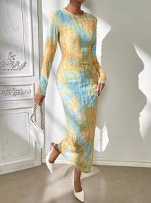 SHEIN VCAY Tie Dye Distressed Pencil Dress - Blue - View 1