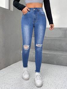 SHEIN PETITE 高腰破洞緊身牛仔褲 - 中等水洗藍 - 查看 4