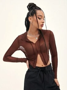 SHEIN ICON 下擺開叉網紗薄透上衣 - 鏽棕色 - 查看 3