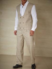 Calvornis Men Plus Plaid Double Breasted Vest Blazer & Suit Pants Without Shirt - Mustard Yellow - View 3
