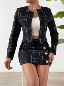 SHEIN Privé Plaid Print Open Front Jacket & Skirt - Black - View 5