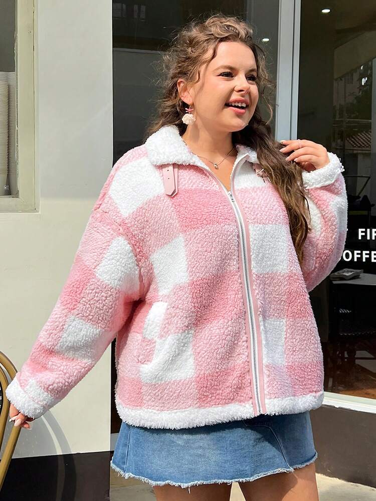 Plus Buffalo Plaid Print Drop Shoulder Buckle Detail Teddy Coat