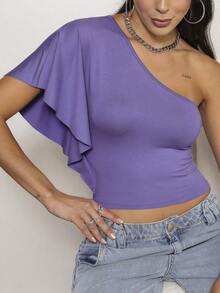 SHEIN Một bờ vai áo tay bướm Top Cây trồng - Màu tím - Xem 4