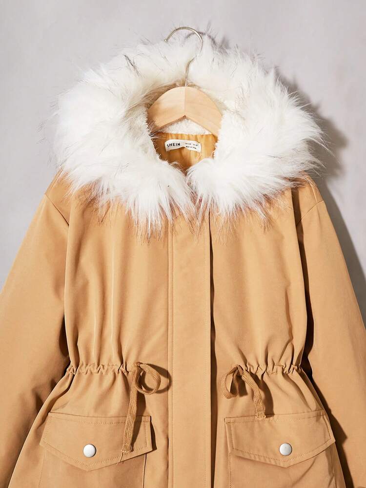 Tween Girl Drawstring Waist Fuzzy Trim Hooded Coat